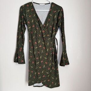 Emory Park Wrapped Mini‎ Dress Green Floral Y2K Boho Cottage Core Fairy Ethereal